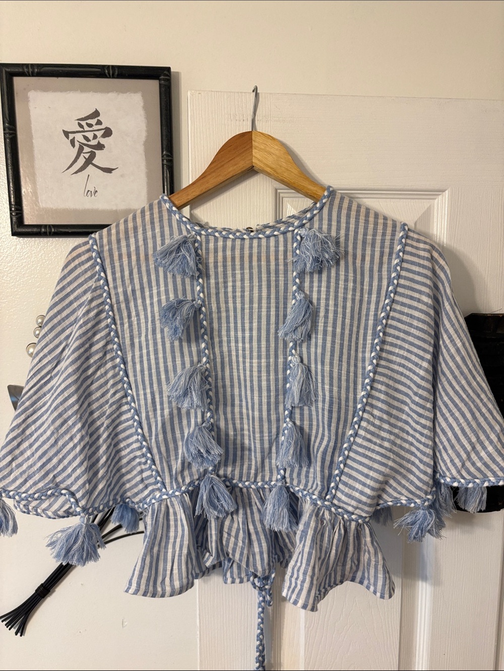 Misa Los Angeles Blue and White Striped Tassel Crop Top